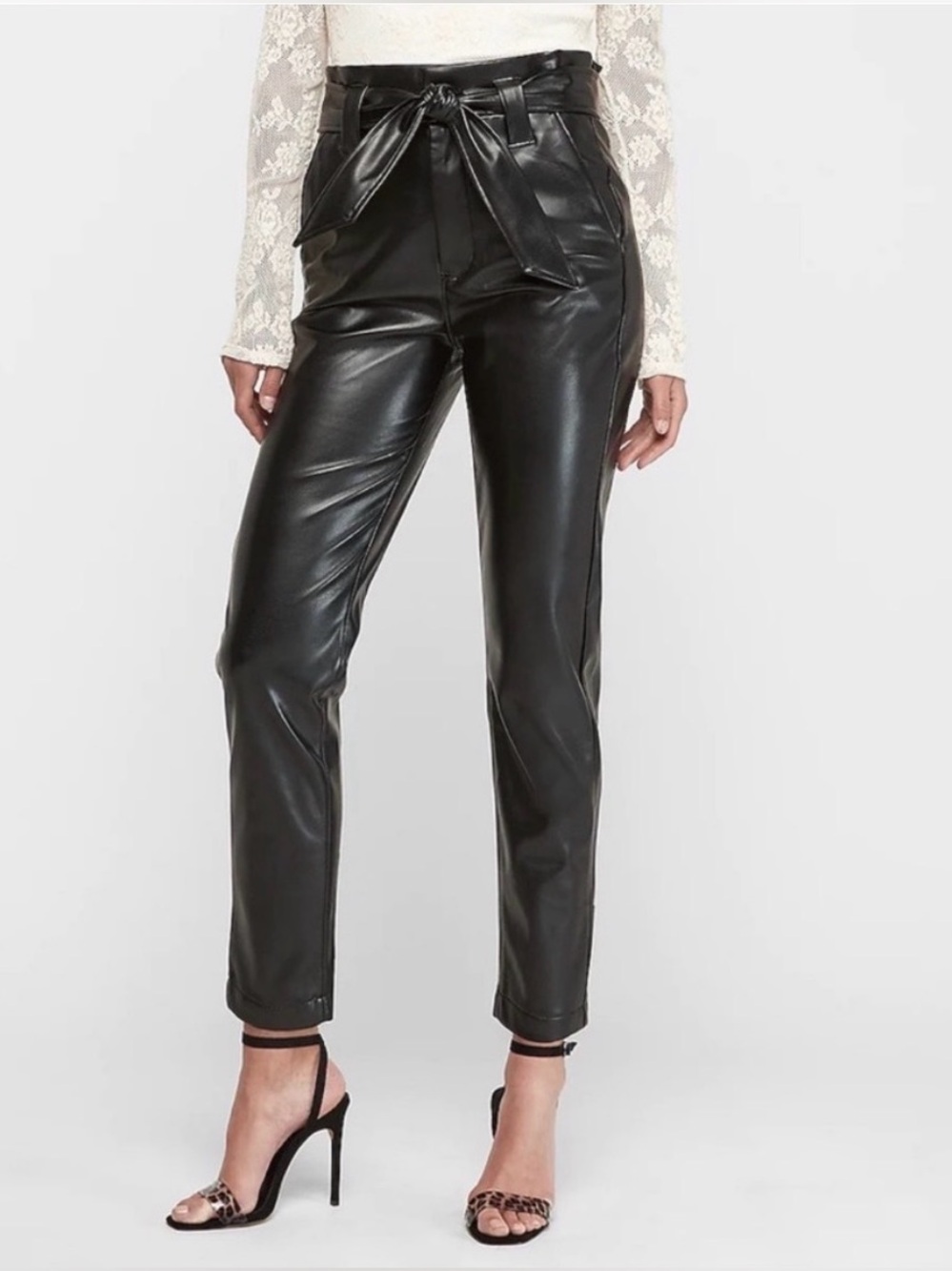 Express Black Faux Leather Paperbag Ankle Pants